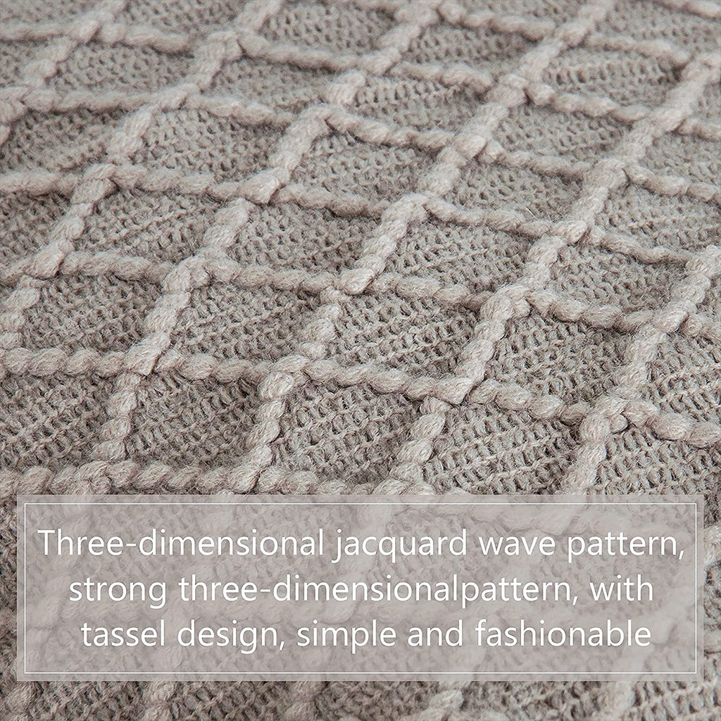 Acrylic Knitted Throw Blanket, Lightweight and Soft Cozy Decorative Woven Blanket with Tassels for Travel, Couch, Bed, Sofa, 51 X 67 Inches, Taupe Checkered