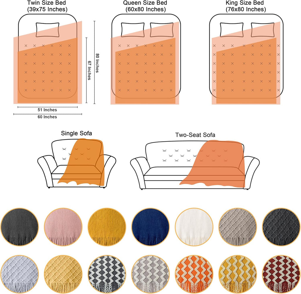 Acrylic Knitted Throw Blanket, Lightweight and Soft Cozy Decorative Woven Blanket with Tassels for Travel, Couch, Bed, Sofa, 51 X 67 Inches, Taupe Checkered