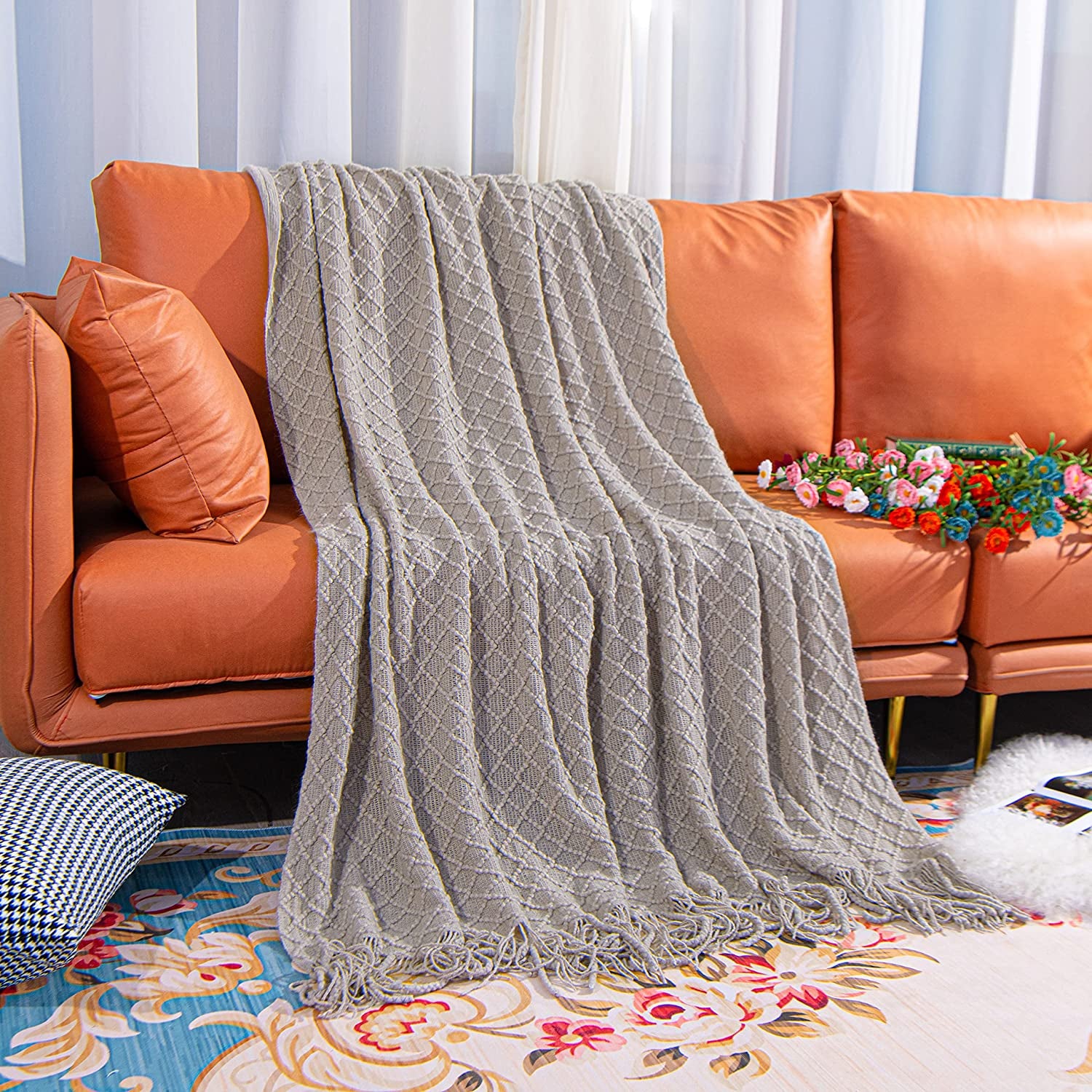 Acrylic Knitted Throw Blanket, Lightweight and Soft Cozy Decorative Woven Blanket with Tassels for Travel, Couch, Bed, Sofa, 51 X 67 Inches, Taupe Checkered