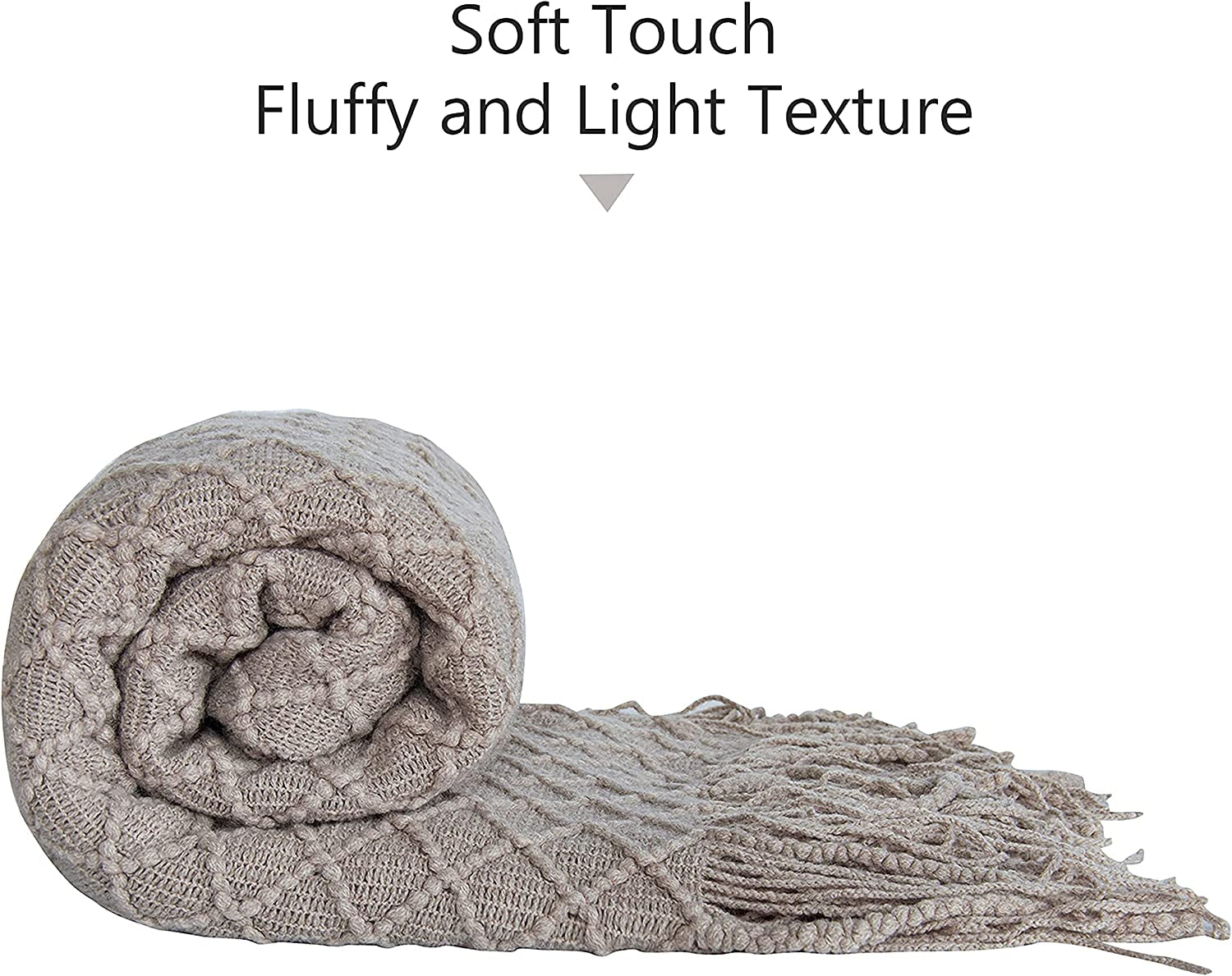 Acrylic Knitted Throw Blanket, Lightweight and Soft Cozy Decorative Woven Blanket with Tassels for Travel, Couch, Bed, Sofa, 51 X 67 Inches, Taupe Checkered