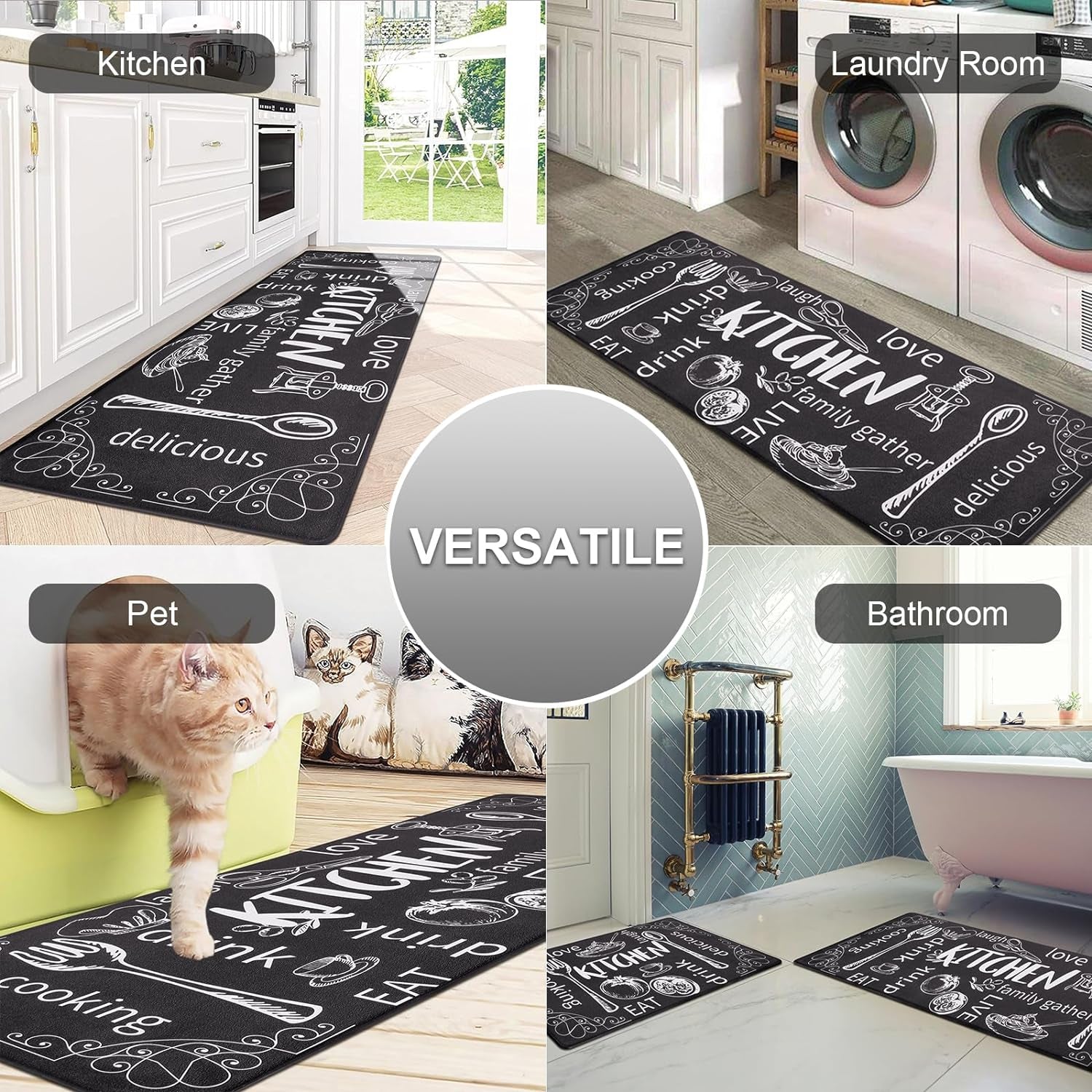 anti Fatigue Kitchen Mat Set of 2 Non Slip Thick Cushioned Kitchen Rug Sets with Runner 17"X48"+17"X28" Heavy Duty Comfort Standing Mats Waterproof Kitchen Carpet