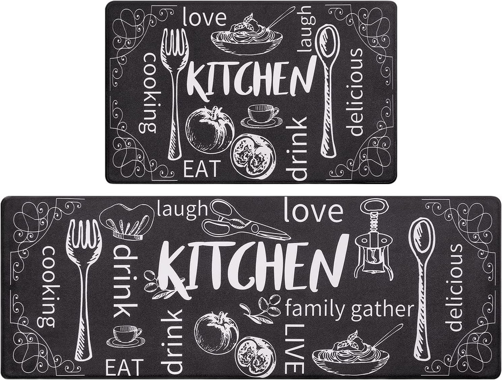 anti Fatigue Kitchen Mat Set of 2 Non Slip Thick Cushioned Kitchen Rug Sets with Runner 17"X48"+17"X28" Heavy Duty Comfort Standing Mats Waterproof Kitchen Carpet