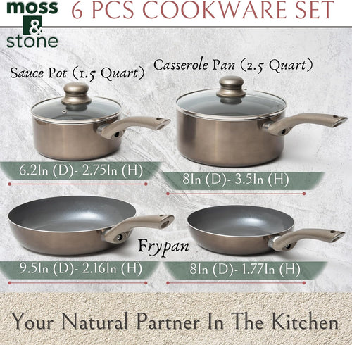 6 Piece Nonstick Cookware Set, Aluminum Pots and Pans, Induction Cookware Pots and Pans Set with Glass Lid, Home Kitchen Ware Pots Pan Set with Non-Stick Coating, Ptfe/Pfoa Free.