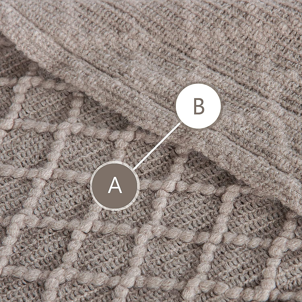 Acrylic Knitted Throw Blanket, Lightweight and Soft Cozy Decorative Woven Blanket with Tassels for Travel, Couch, Bed, Sofa, 51 X 67 Inches, Taupe Checkered