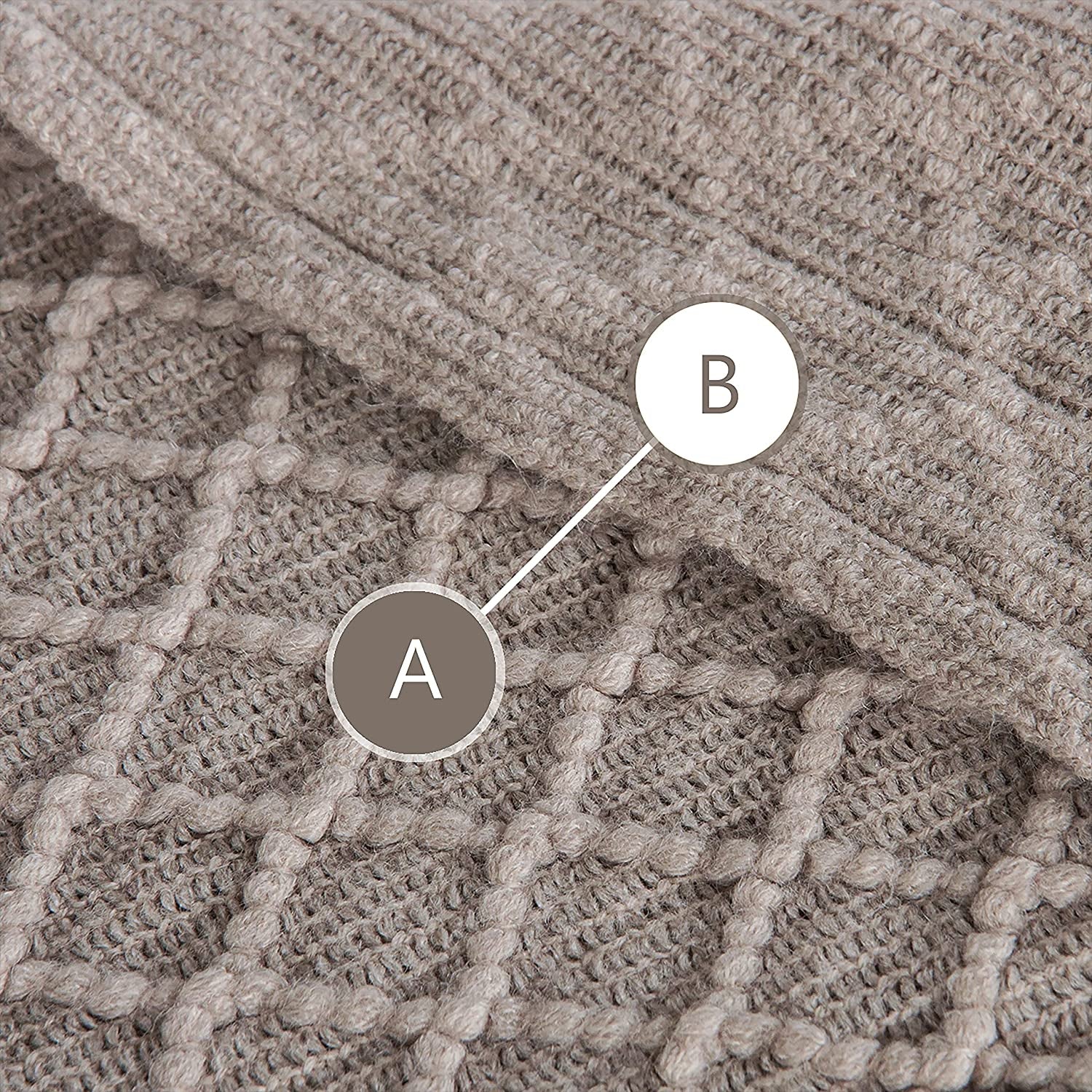 Acrylic Knitted Throw Blanket, Lightweight and Soft Cozy Decorative Woven Blanket with Tassels for Travel, Couch, Bed, Sofa, 51 X 67 Inches, Taupe Checkered