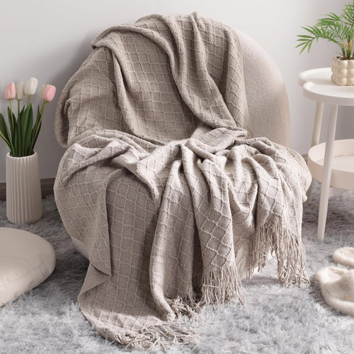 Acrylic Knitted Throw Blanket, Lightweight and Soft Cozy Decorative Woven Blanket with Tassels for Travel, Couch, Bed, Sofa, 51 X 67 Inches, Taupe Checkered