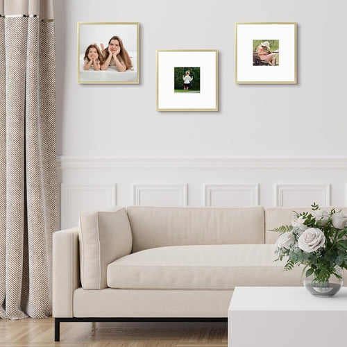 , 8X8 Inch Instagram Square Aluminum Gold Metal Picture Frame Collection, Photo Frame with Ivory Color Mat for 4X4 Picture & Real Glass